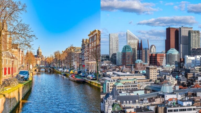 collage of 2 photos of cities in the Netherlands - one of Amsterdam, one of the Hague