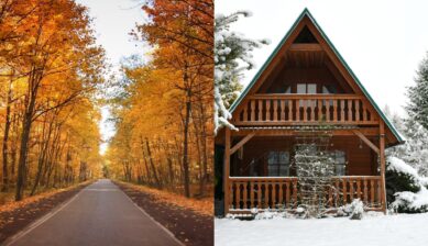 A split image with an autumn tree-lined road on the left and a snow-covered wooden cabin on the right.