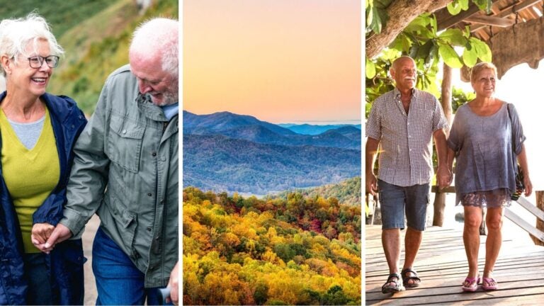 collage of Blue Ridge Mountains with an older couple hiking and another couple walking outdoors