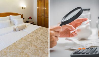 Split image of a hotel double bed on the left and a hand using a magnifying glass to inspect receipts beside a calculator on the right.