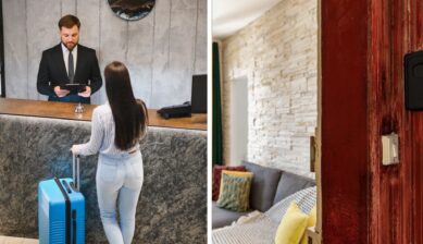 Split image contrasting a hotel reception check-in with a guest and receptionist on the left and an Airbnb interior with a key lockbox on the door on the right.