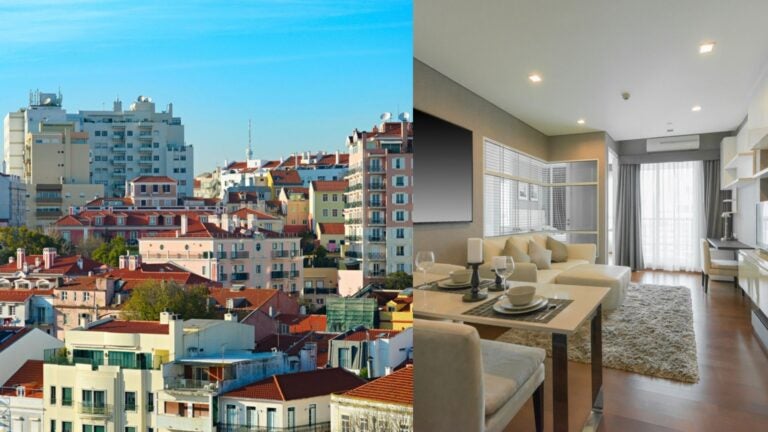 Cityscape of Lagos, Nigeria, with colorful red-roofed buildings alongside a modern, furnished apartment interior.