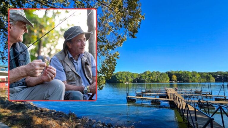 collage of Lake Lanier and two older men fishing
