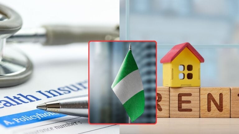 Conceptual image representing a monthly budget in Nigeria, featuring a Nigerian flag, an insurance document, and a house-shaped model.