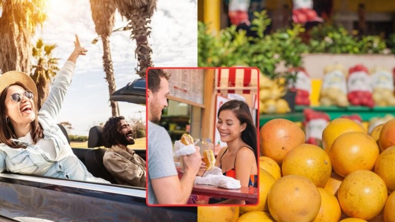Collage showing travelers enjoying a road trip, eating at a casual restaurant, and shopping for fresh fruit.