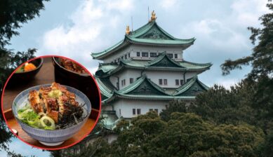 Nagoya Castle with its green-tiled roof and golden shachihoko ornaments, alongside a circular inset of a hitsumabushi grilled eel rice bowl