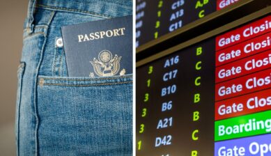 Split image of a US passport tucked into a jeans back pocket beside an airport departure board showing gate closing and boarding statuses.