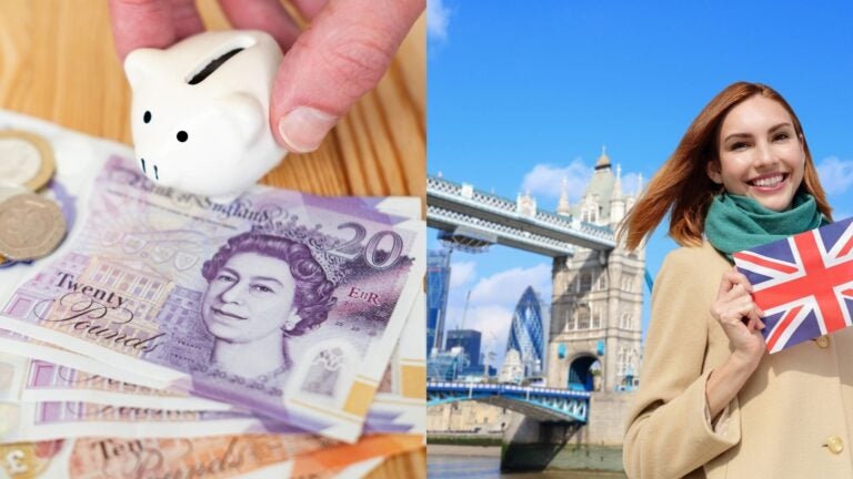 British pound notes and a piggy bank beside a woman holding a UK flag near Tower Bridge.