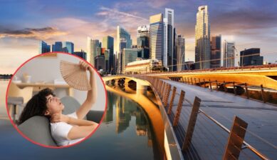 Singapore's downtown skyline and waterfront promenade at golden hour, with a circular inset of a woman fanning herself to cool down
