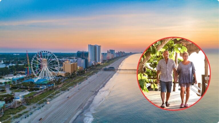 Collage of Myrtle Beach, South Carolina and an older couple walking outdoors