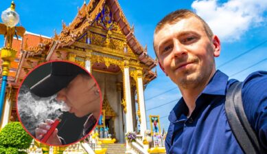 A male tourist takes a selfie in front of a golden Thai temple under a blue sky, with an inset circle showing a person vaping.