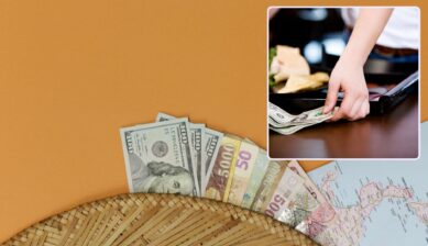 International banknotes fanned out over a world map, with an inset photo of a hand leaving a cash tip on a restaurant table.