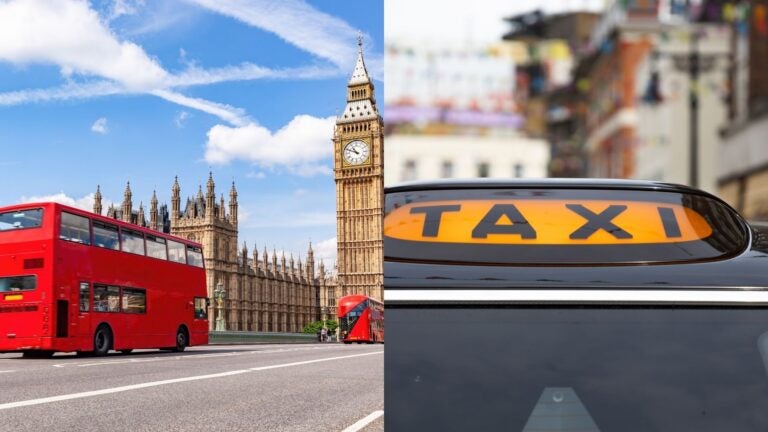 Red London buses near Big Ben beside a close-up of a black taxi.