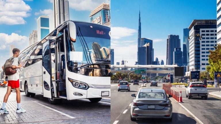 Dubai transportation scene showing a passenger bus, cars on a busy city road, and the Burj Khalifa in the background.