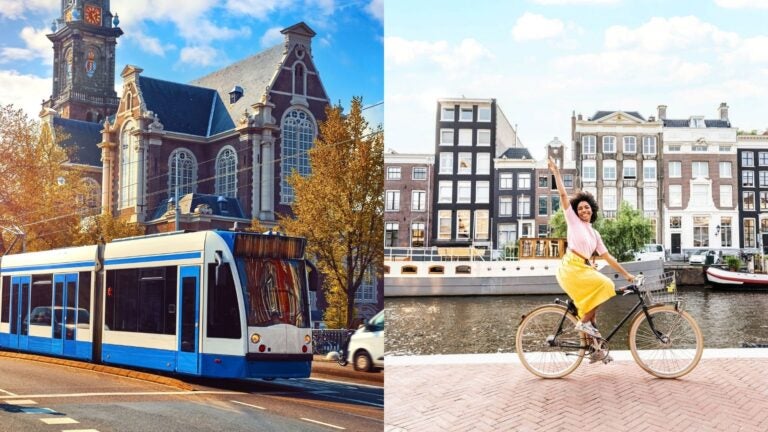 collage of 2 modes of transport in Amsterdam - 1 image of the tram, 1 image of a lady on a cycle