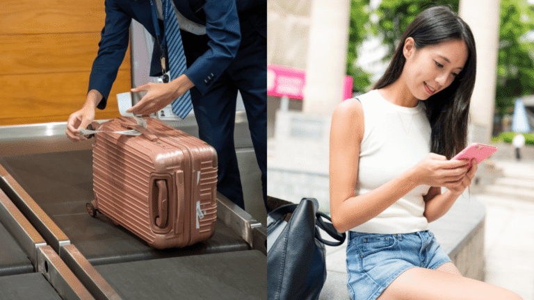 suitcase in airport and woman on mobile phone in taiwan
