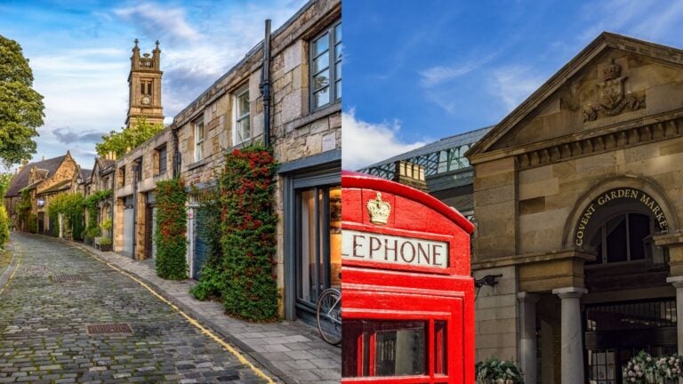 UK street scenes with stone houses, a red telephone box, and Covent Garden Market.