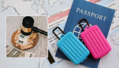A passport, boarding passes, and two miniature suitcases on a world map, with an inset of a gavel resting on euro banknotes.