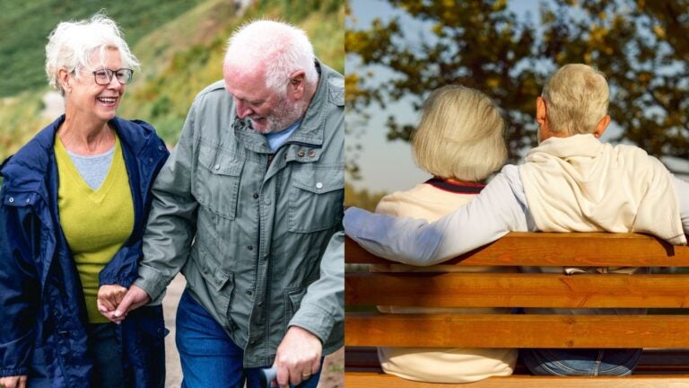 collage showing 2 elderly couples - one on a hike and the second sitting on a bench