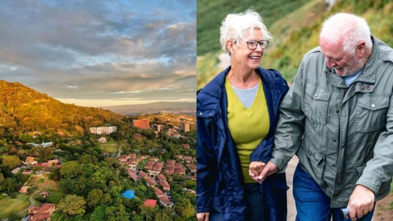Collage of an aerial view of Escazu in Costa Rica, and an elderly couple enjoying a hike in the mountains