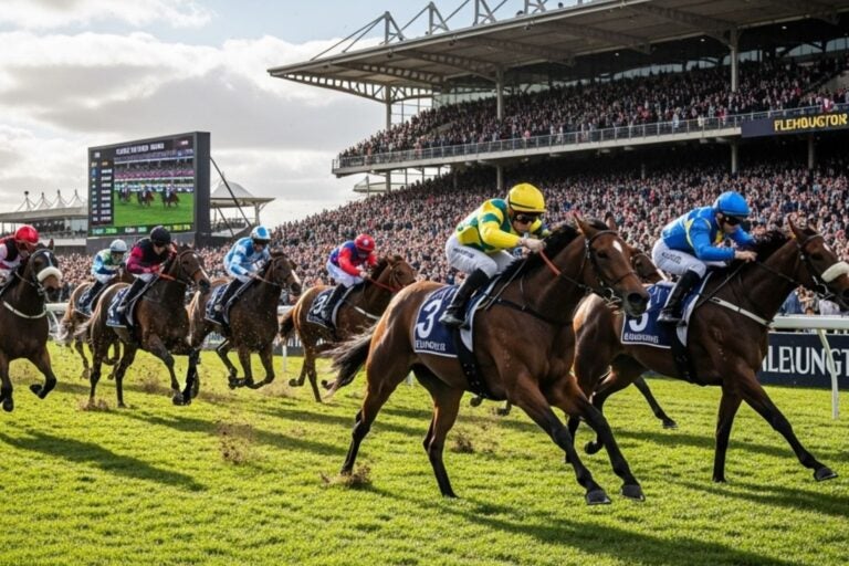 Horses and jockeys competing at the Melbourne Cup at Flemington Racecourse.