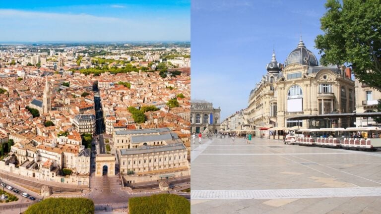 Collage of Monrpellier, France, one image shows an aerial view of the city, the second shows Comedy square