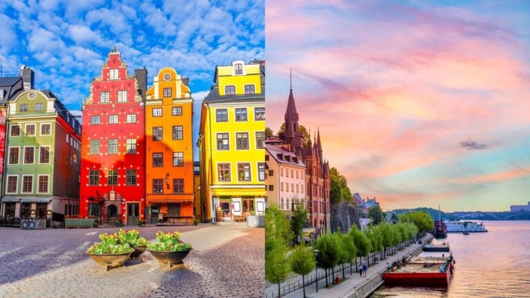collage showing colorful homes and the Old Town area of Stockholm