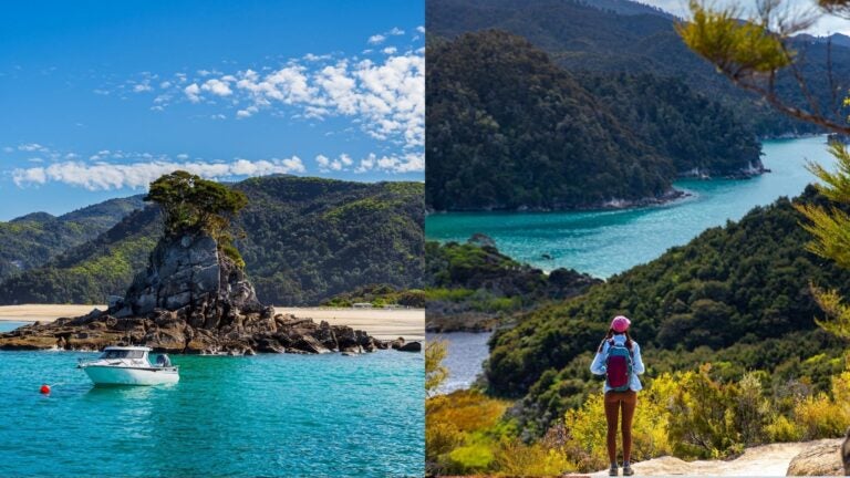 Boat beside a rocky outcrop and sandy beach, alongside a hiker overlooking a turquoise bay in Abel Tasman.