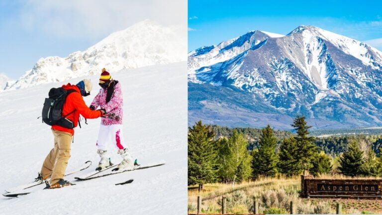 Split image of two people skiing and a snow-capped mountain near Aspen