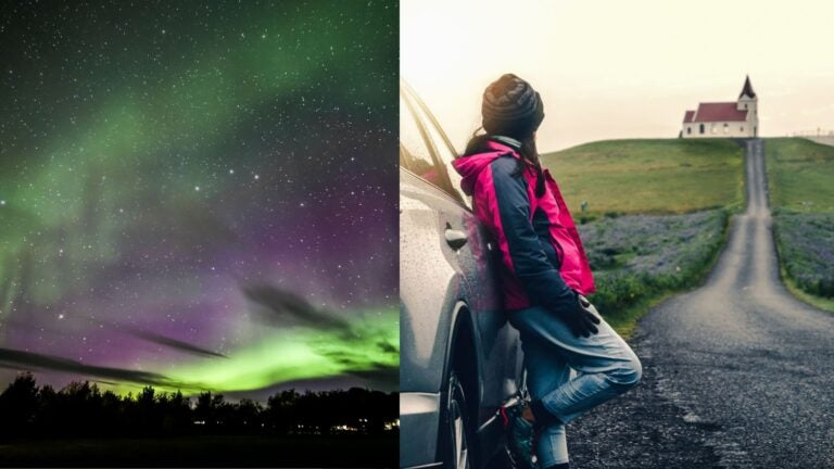 Green and purple northern lights beside a traveler on a remote road in Iceland