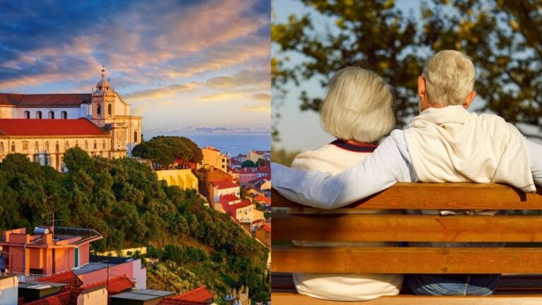 collage of the city of lisbon and an elderly couple blissfully sitting on a bench
