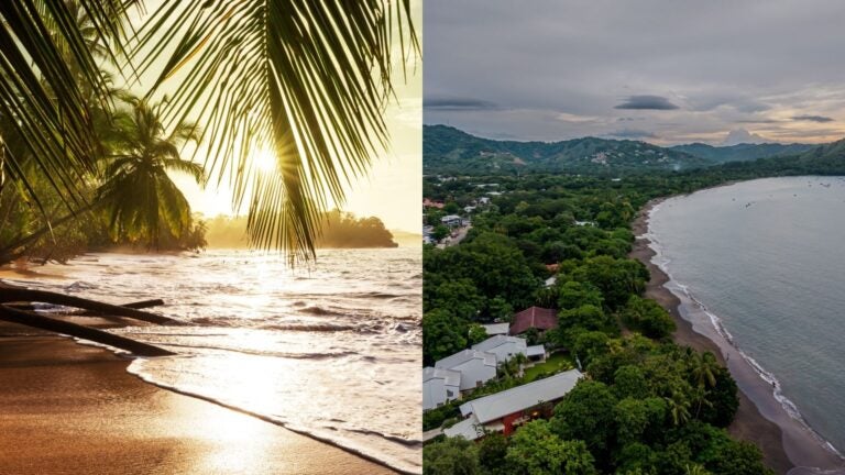 collage of a beach in costa rica and aerial view of playas del coco