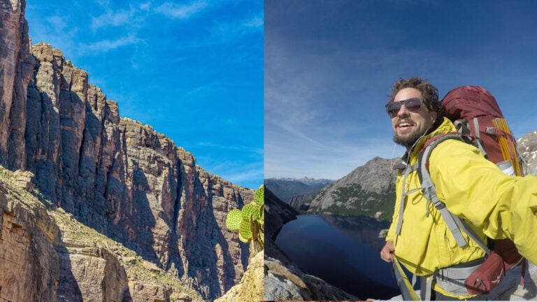Rocky cliffs in Big Bend beside a backpacker overlooking a mountain lake