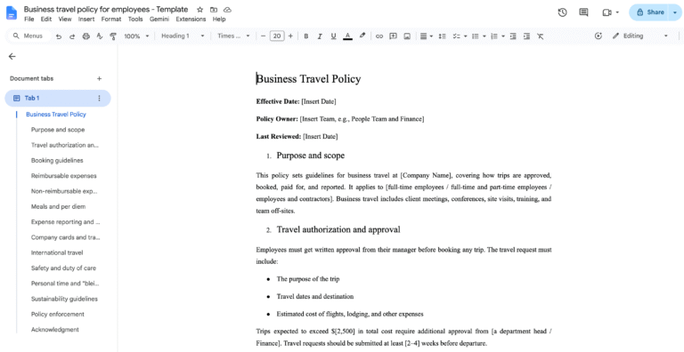 Screenshot: Google Doc version of the business travel policy template