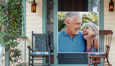 A cozy Southern front porch with rocking chairs, overlaid with a smiling senior couple embracing outdoors