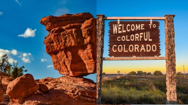 Split image of a red rock formation and a Welcome to Colorful Colorado sign
