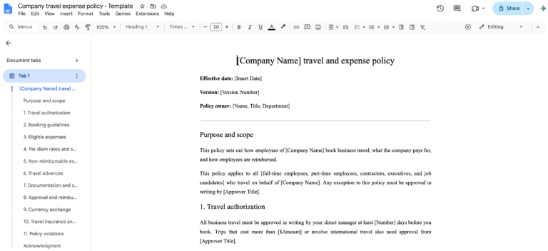 Company travel expense policy template