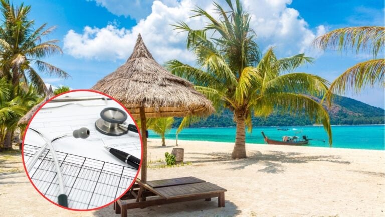A tropical beach in Mauritius with palm trees and thatched umbrellas, accompanied by an inset image of a stethoscope and medical paperwork.