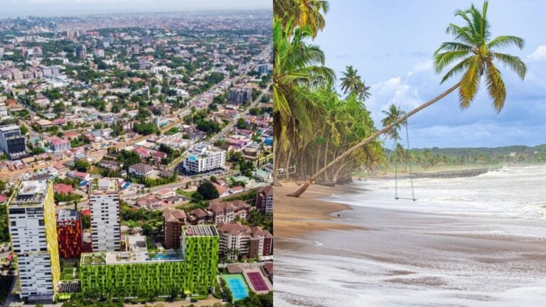 collage showing Ankobra beach in Ghana and an aerial view of the capital city of Accra