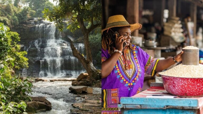 collage of Waterfall Kintampo in Ghana and that of a businesswoman shopkeeper in Ghana
