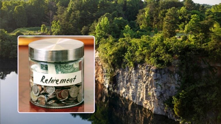 Jar labeled “Retirement” filled with coins and dollar bills, overlaid on a scenic Oregon landscape with a forested rocky cliff and lake.