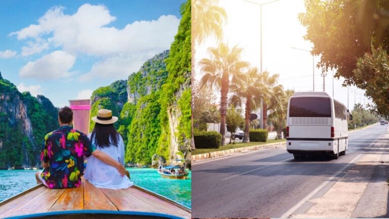 A couple enjoying a boat ride through a scenic tropical landscape alongside a city bus traveling on a palm-lined road.