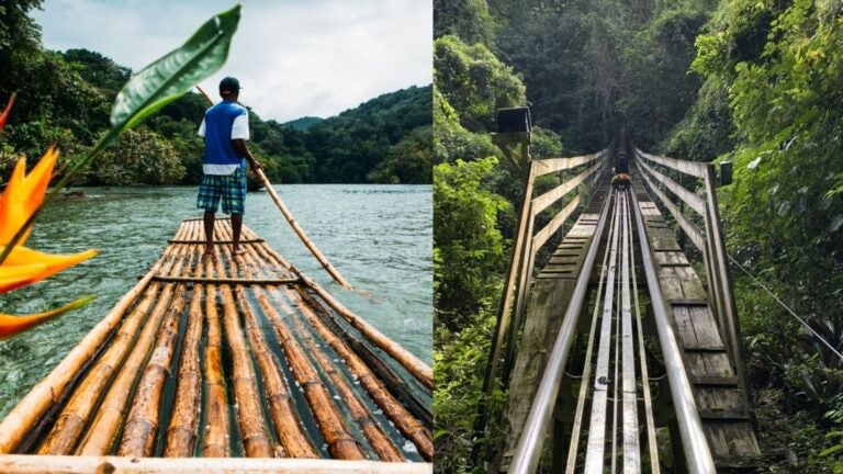 Jamaica transportation scene showing a man riding a bamboo raft on a river alongside a mountain forest railway track.