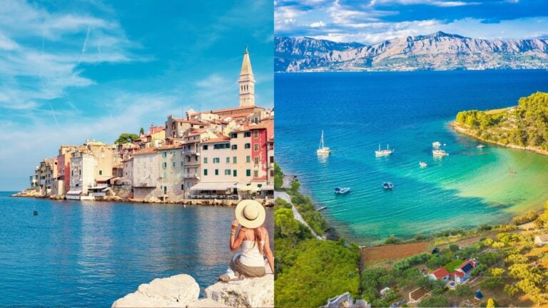 Rovinj’s waterfront beside a photograph of boats in a turquoise Croatian bay