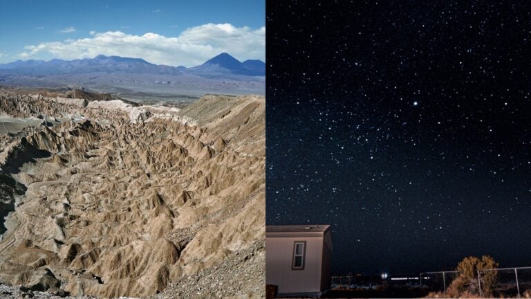 Split image showing Death Valley’s desert landscape by day and a star-filled sky at night