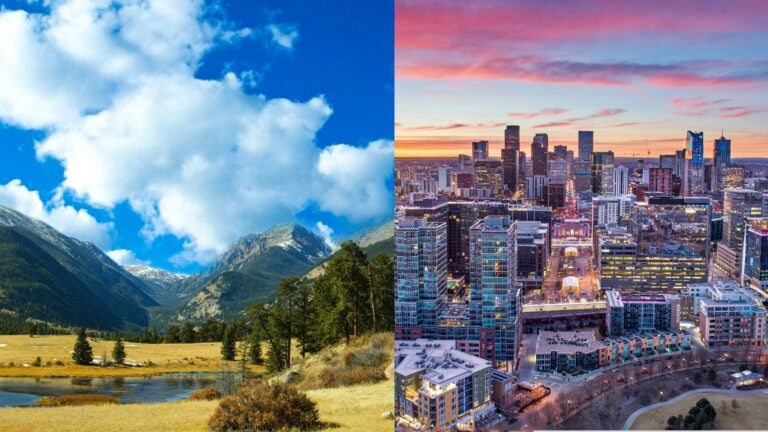 Split image of a mountain valley and lake beside the Denver skyline at sunset