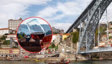 The Dom Luís I bridge spanning the Douro River in Porto, with a circular inset of a hand holding a glass of red port wine.