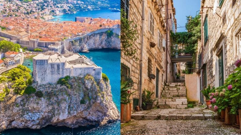 Dubrovnik’s walled Old Town and a narrow stone staircase between historic buildings