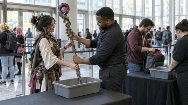 A security guard inspects a cosplayer's flower-covered staff at a convention prop check station.