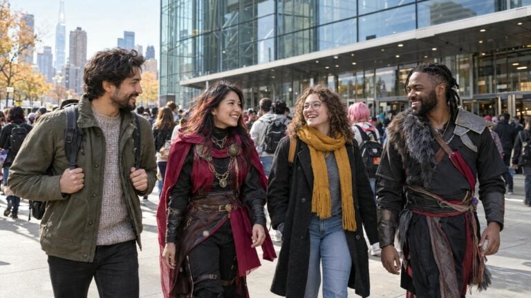 Four friends walk outside the Javits Center.